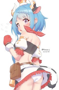 Rule 34 | 1girl, absurdres, animal ears, animal print, artist name, ass, bandeau, bare shoulders, black bandeau, blue hair, blush, breasts, cow ears, cow horns, cow print, cow tail, cowboy shot, crown, dated, detached sleeves, flying sweatdrops, from behind, highres, horns, looking at viewer, mahiru (princess connect!), mini crown, mittens, open mouth, panties, princess connect!, print skirt, puffy short sleeves, puffy sleeves, purple eyes, red mittens, ruinone, short hair, short sleeves, simple background, skirt, small breasts, solo, star (symbol), star in eye, symbol in eye, tail, thick eyebrows, twitter username, underwear, white background, white panties