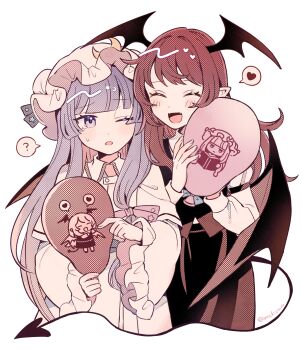 2girls :d ;o ? ^_^ balloon black_skirt black_vest black_wings blush character_print closed_eyes commentary_request crescent crescent_hat_ornament cropped_torso demon_tail dress fangs hat hat_ornament head_wings heart highres holding holding_balloon koakuma long_hair long_sleeves mob_cap mozukuzu_(manukedori) multiple_girls one_eye_closed open_mouth patchouli_knowledge pointy_ears purple_eyes purple_hair red_hair skirt smile spoken_heart spoken_question_mark tail touhou twitter_username vest white_background wide_sleeves wings