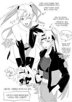 1girl absurdres bent_over bra breasts chibi commentary_request covering_breasts covering_privates demon_tail elbow_gloves facial_mark forehead_protector gloves greyscale guinea_no_akuma hand_in_pocket hand_on_own_knee headband highres jacket korean_commentary korean_text large_breasts long_hair monochrome naruko_(naruto) naruto_(series) naruto_shippuuden navel one_eye_closed open_clothes open_jacket panties see-through_clothes see-through_shirt shirt tail thighhighs topless_female translation_request twintails underwear very_long_hair whisker_markings