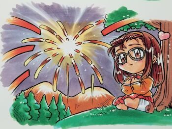 Rule 34 | 1girl, black-framed eyewear, bow, brown eyes, brown hair, brown hairband, brown jacket, brown shoes, chibi, chibi only, closed mouth, commentary request, glasses, hairband, hands up, heart, highres, hosaka miyuki, jacket, kokomahi, light smile, long hair, night, official art, on grass, outdoors, pine tree, pleated skirt, red bow, red skirt, school uniform, sentimental graffiti, shoes, sitting, skirt, sky, socks, solo, star (sky), starry sky, traditional media, tree, under tree, white socks