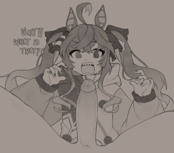 1boy 1girl @_@ absurdres ahoge animal_ears english_text erection greyscale hair_ribbon hetero highres hood hoodie horse_ears horse_girl long_hair long_sleeves looking_at_penis monochrome oniyanna open_mouth penis penis_awe petite pov ribbon sharp_teeth solo_focus sweat teeth twin_turbo_(umamusume) twintails umamusume uncensored