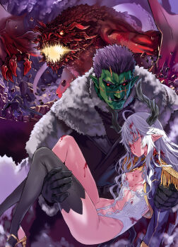 1boy 1girl ahoge asanagi asymmetrical_legwear bash_(orc_eiyuu_monogatari) battle black_gloves black_sclera blood breasts carrying colored_sclera colored_skin commentary cover cover_image cover_page dragon dragon_girl dragon_horns dragon_tail dual_persona epaulettes eye_(orc_eiyuu_monogatari) eye_injury fur_trim gloves green_skin highres horns injury long_hair long_sleeves navel novel_cover official_art orc orc_eiyuu_monogatari pointy_ears princess_carry purple_hair red_eyes scar scar_across_eye scar_on_face scar_on_nose small_breasts sword tail tusks weapon white_hair