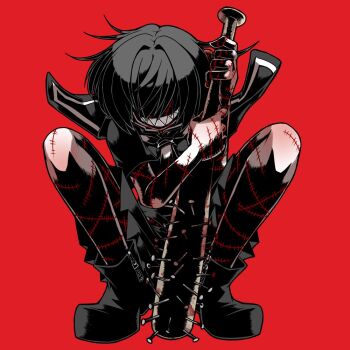 1girl ayame_hashinimasen baseball_bat black_footwear black_hair black_sailor_collar black_serafuku black_skirt dark delinquent evil_smile female_focus grin hair_intakes hair_over_eyes holding_bat nail_(hardware) nail_bat original pleated_skirt red_background sailor_collar school_uniform serafuku sharp_teeth simple_background skirt smile solo squatting stitches teeth