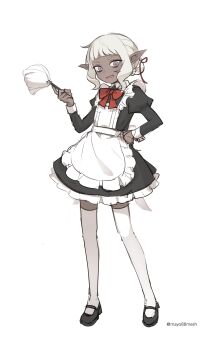 Rule 34 | 1boy, absurdres, androgynous, apron, artist name, black dress, black shoes, bow, collared shirt, commentary request, dark-skinned male, dark elf, dark skin, dress, dungeon meshi, elf, frilled apron, frills, full body, highres, holding, korean commentary, male focus, mayo (mayo88meshi), open mouth, pointy ears, puffy sleeves, purple eyes, red bow, red ribbon, ribbon, shirt, shoes, short bangs, sidelocks, simple background, solo, thighhighs, thistle (dungeon meshi), wavy hair, white apron, white hair, white thighhighs
