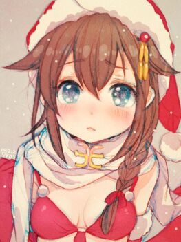 1girl ahoge alternate_costume bikini blue_eyes blush braid breasts brown_hair christmas closed_mouth commentary elbow_gloves gloves hair_between_eyes hair_flaps hair_ornament hair_over_shoulder hair_ribbon hat kantai_collection looking_at_viewer medium_breasts red_bikini red_gloves red_ribbon ribbon sanada_nako santa_costume santa_hat scarf shigure_(kancolle) shigure_kai_ni_(kancolle) single_braid snowing solo swimsuit upper_body white_scarf