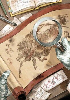 Rule 34 | 17 asobo, book, commentary, english commentary, gloves, highres, holding, holding magnifying glass, horse, horseback riding, magnifying glass, nijisanji, nijisanji en, paper, pov, riding, rubber gloves, scroll, sumi-e, virtual youtuber, vox akuma