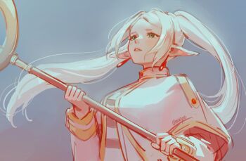 artist_name breasts capelet earrings elf gold_trim green_eyes grey_background highres holding holding_staff jacket jewelry long_hair medium_breasts meme parted_bangs parted_lips pointy_ears shirt sidelocks sousou_no_frieren staff striped_clothes striped_shirt twintails upper_body upward_angle_frieren_drawing_(meme) wernope white_capelet white_jacket