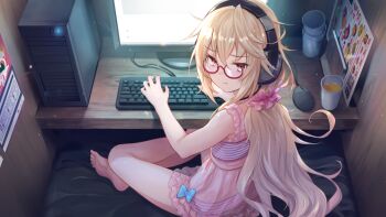 1girl :t barefoot bikini blonde_hair blue_bikini blue_bow bow closed_mouth computer computer_keyboard computer_mouse computer_tower cup disposable_cup dress_swimsuit frilled_bikini frills full_body game_cg glasses indian_style indoors internet_cafe long_hair looking_at_viewer looking_back monitor mugendo_saki non-web_source official_art orange_eyes pout red-framed_eyewear semi-rimless_eyewear sitting soles solo striped_bikini striped_clothes swimsuit toes under-rim_eyewear very_long_hair yumeutsutsu_re:master