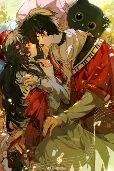 Rule 34 | 1boy, 1girl, ayn alwyn, beret, black choker, black hair, black ribbon, bow, bow earrings, braid, brown eyes, candy, chinese commentary, choker, closed mouth, commentary request, couple, cowboy shot, drawstring, dress, earrings, eye contact, face-to-face, flower, food, from above, grass, hair between eyes, hair flower, hair ornament, hair ribbon, hairclip, hand on another's hip, hat, heroine (lovebrush chronicles), hetero, highres, hood, hood down, hoodie, jacket, jewelry, layered sleeves, long hair, long sleeves, looking at another, lovebrush chronicles, lying, matching outfits, mei mei m, musical note, musical staff, on ground, on side, piano print, picnic blanket, pillow, pink flower, profile, red eyes, red hat, red jacket, red ribbon, red shawl, ribbon, shawl, short-sleeved jacket, short hair, short over long sleeves, short sleeves, side braid, sleeves past wrists, smile, stuffed animal, stuffed cat, stuffed rabbit, stuffed toy, sunlight, watermark, weibo watermark, white dress, white flower, white hoodie, wrapped candy, x arms, x hair ornament