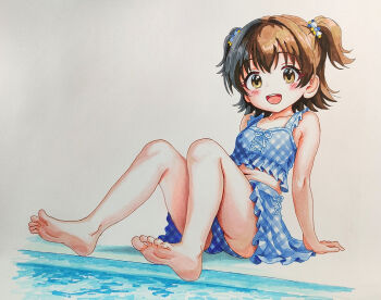 1girl ahoge akagi_miria armpit_crease arms_at_sides barefoot bikini bikini_skirt black_hair blush brown_eyes cameltoe child collarbone eyelashes feet feet_up female_focus flat_chest frilled_bikini frills full_body hair_ornament happy highres idolmaster idolmaster_cinderella_girls idolmaster_cinderella_girls_u149 knees legs loli long_hair looking_at_viewer marker_(medium) midriff namco navel neck open_mouth poolside short_twintails sidelocks simple_background soles solmyr2000 swimsuit thighs toenails toes traditional_media twintails upskirt