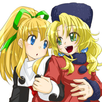 2girls black_headwear black_sleeves blonde_hair blue_eyes buttons commentary_request dress earrings fur-trimmed_collar fur-trimmed_sleeves fur_hat fur_trim green_eyes green_ribbon hat jewelry kalinka_cossack_(mega_man) kurowasagi locked_arms long_hair long_sleeves lowres mega_man_(classic) mega_man_(series) multiple_girls open_mouth parted_bangs ponytail red_dress ribbon roll_(mega_man) simple_background teeth upper_body upper_teeth_only ushanka white_background
