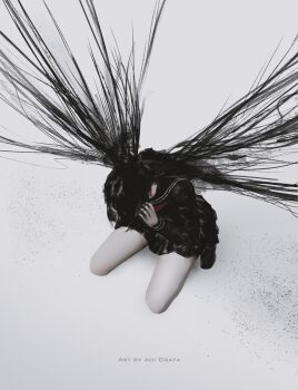 Rule 34 | 1girl, aoi ogata, arms up, artist name, black hair, black sailor collar, black serafuku, black shirt, black shoes, black skirt, clip studio paint (medium), commentary, english commentary, from above, hands on own head, highres, kneeling, long hair, original, pleated skirt, sailor collar, school uniform, serafuku, shirt, shoes, skirt, solo, very long hair