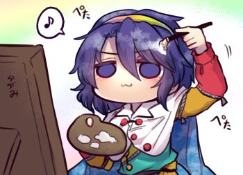 Rule 34 | 1girl, :3, blue eyes, blue hair, blush, cape, cloak, cloud print, commentary request, dress, hairband, multicolored dress, multicolored hairband, musical note, one-hour drawing challenge, orange sleeves, paint palette, paintbrush, patchwork clothes, rainbow gradient, short hair, sky print, solo, speech bubble, spoken musical note, tenkyuu chimata, touhou, two-sided cape, two-sided fabric, unime seaflower, white cape, white cloak, zipper, zipper pull tab