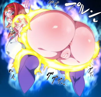 1girl anus ass bar_censor censored circlet clenched_teeth commentary_request dragon_ball dragon_ball_heroes energy galactic_donut green_eyes pointy_ears pussy red_hair restrained rom_(20) solo teeth thighhighs wairu white_thighhighs
