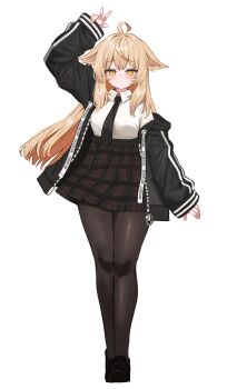 Rule 34 | 1girl, absurdres, ahoge, animal ears, black jacket, black necktie, black pantyhose, black skirt, blonde hair, collared shirt, highres, jacket, long hair, looking at viewer, necktie, open clothes, open jacket, original, pantyhose, plaid clothes, plaid skirt, pocari (sq551), shirt, simple background, skirt, solo, vrchat, white background, white shirt, yellow eyes