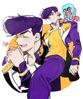 1boy closed_eyes crazy_diamond diamond_wa_kudakenai earrings eyelashes feet_out_of_frame higashikata_josuke jacket jewelry jojo_no_kimyou_na_bouken laughing long_sleeves male_focus multiple_views odagorom pants pompadour purple_hair purple_jacket purple_pants school_uniform shirt smile yellow_shirt