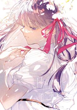 1girl absurdres adversarial_noise dress fate/stay_night fate_(series) floating_hair hair_ribbon happy_birthday highres light_smile long_hair looking_down matou_sakura nasubi_illust pink_ribbon purple_eyes purple_hair ribbon signature solo waistband white_background white_dress