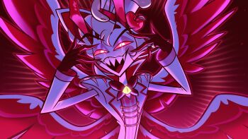 1boy :d angel_wings apple blonde_hair blush_stickers bow bowtie circle_facial_mark colored_sclera colored_skin demon_boy demon_horns food fruit hat hazbin_hotel hellaverse highres horns jacket jewelry long_sleeves lucifer_morningstar_(hazbin_hotel) male_focus ntti open_clothes open_jacket open_mouth red_bow red_bowtie red_eyes red_horns red_sclera red_skin red_wings ring sharp_teeth slit_pupils smile solo teeth top_hat upper_body upper_teeth_only white_hat white_jacket wings yellow_eyes