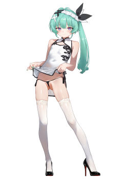Rule 34 | 1girl, absurdres, aqua hair, bare arms, black panties, blush, breasts, china dress, chinese clothes, cleavage cutout, closed mouth, clothes lift, clothing cutout, commentary, commission, covered navel, dress, eco 376124, floral print, floral print dress, full body, hair ornament, high heels, highres, indie virtual youtuber, lifting own clothes, long hair, looking at viewer, panties, pelvic curtain, pelvic curtain lift, pixiv commission, print dress, purple eyes, side-tie panties, side ponytail, simple background, small breasts, solo, standing, thighhighs, thighs, thong, tonari mei, underwear, virtual youtuber, white background, white dress, white thighhighs, x hair ornament