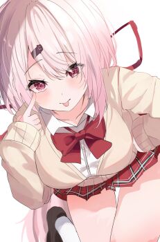 1girl akanbe blush bow bowtie breasts brown_shoes cardigan closed_mouth collared_shirt commentary eyelid_pull flowle_ow0 hair_between_eyes hair_ornament hair_ribbon hairclip highres large_breasts long_hair long_sleeves looking_at_viewer nijisanji pink_eyes pink_hair plaid_clothes plaid_skirt red_bow red_bowtie red_ribbon red_skirt ribbon shiina_yuika shiina_yuika_(1st_costume) shirt shoes simple_background skirt smile socks solo thighs tongue tongue_out virtual_youtuber white_background white_shirt white_socks yellow_cardigan