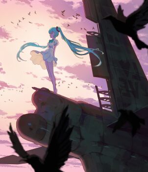 1girl aircraft airplane bird blue_bow blue_hair bow broken cloud commentary crow dress floating_clothes floating_hair from_side full_body hatsune_miku highres long_hair looking_ahead orange_sky outdoors pencil_pusher pink_sky sky solo standing sunset twintails vehicle_request vocaloid white_dress wide_shot