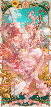1girl absurdres bare_shoulders border bow bug butterfly chinese_commentary commentary_request detached_sleeves dress floral_print flower hair_flower hair_ornament highres holding infinity_nikki insect lace_trim long_hair long_sleeves looking_at_viewer maccha_(mochancc) nikki_(nikki) nikki_(series) off-shoulder_dress off_shoulder ornate_border pink_dress pink_eyes pink_flower pink_hair pink_rose plant ribbon rose smile solo very_long_hair white_butterfly white_dress white_flower yellow_flower