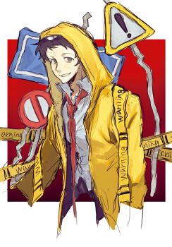 1boy adachi_tooru arms_at_sides bags_under_eyes brown_eyes brown_hair caution_tape chengmingraven coat collared_shirt commentary cropped_legs grin highres looking_at_viewer male_focus necktie persona persona_4 red_necktie road_sign shirt sign smile solo white_shirt yellow_coat