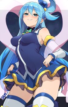 Rule 34 | 1girl, aqua (konosuba), blue eyes, blue hair, blue shirt, blue skirt, blush, bow, bowtie, breasts, commentary request, detached sleeves, green bow, green bowtie, grin, hair ornament, hair rings, highres, jampen, kono subarashii sekai ni shukufuku wo!, long hair, looking at viewer, medium breasts, shirt, single hair ring, skirt, smile, solo, sphere hair ornament, thighhighs