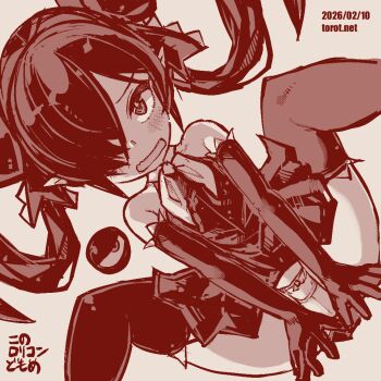 Rule 34 | 1girl, backbeako (torotei), backbeard, bare shoulders, blush, bow, bow panties, commentary, dated, dated commentary, dress, dutch angle, elbow gloves, feet out of frame, gegege no kitarou, gloves, hair over one eye, hair ribbon, kono lolicon domome, long hair, looking at viewer, monochrome, neckerchief, open mouth, original, paid reward available, panties, pantyshot, pear-shaped figure, pointy ears, red theme, ribbon, simple background, sitting, sleeveless, sleeveless dress, solo, thighhighs, torotei, translated, twintails, underwear, very long hair, watermark, web address