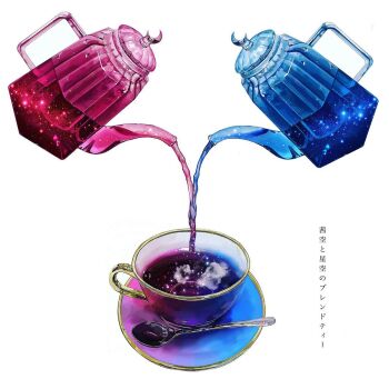 commentary_request cup drink highres no_humans original plate pouring simple_background spoon star_(sky) tea teacup teapot translation_request water_drop white_background yasuta_kaii32i