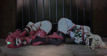 2girls arms_behind_back ball_gag bdsm black_legwear blindfold blonde_hair bondage bottomless bound bound_arms bound_legs bound_together breasts chain chinese_commentary cleavage cleavage_cutout clothes_lift clothing_cutout commentary_request covered_eyes dildo double_dildo dress dress_lift drooling dual_persona female_focus forced_partners full_body gag gagged highres injury large_breasts long_hair multiple_girls mythra_(xenoblade) no_panties no_shoes object_insertion on_floor prison_cell pussy_juice pyra_(xenoblade) red_hair red_legwear rope saliva sex_toy shared_object_insertion shibari shibari_over_clothes short_hair short_sleeves skindentation slap_mark sleeveless sleeveless_dress spanked stone_floor tendo_(zhazhatiantong) thighhighs tiara top-down_bottom-up very_long_hair vibrator white_dress wiffle_gag xenoblade_chronicles_(series) xenoblade_chronicles_2