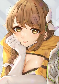 Rule 34 | 1girl, braid, breasts, brown eyes, brown hair, cleavage, dress, edamameoka, fire emblem, fire emblem engage, gloves, goldmary (fire emblem), hair ribbon, highres, hooded top, large breasts, long hair, looking at viewer, low ponytail, mole, mole on breast, nintendo, ponytail, ribbon, sarong, side ponytail, smile, solo, white gloves, white ribbon