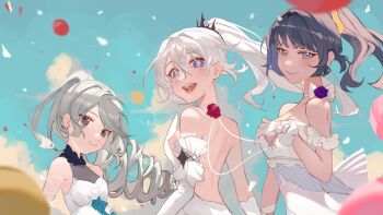 3girls backless_dress backless_outfit balloon bare_shoulders blue_flower blue_rose blue_sky blurry blurry_foreground breasts bronya_zaychik cleavage closed_mouth cloud cloudy_sky commentary dress drill_hair elbow_gloves english_commentary flower gloves grey_eyes grey_hair highres honkai_(series) honkai_impact_3rd htt_(user_phhn3327) kiana_kaslana kiana_kaslana_(herrscher_of_finality) looking_at_viewer looking_back medium_breasts multiple_girls outdoors purple_eyes purple_flower purple_hair purple_rose raiden_mei red_flower red_rose rose sky sleeveless sleeveless_dress smile teeth upper_body upper_teeth_only white_dress white_gloves white_hair