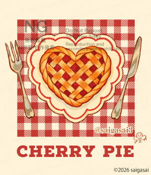 artist_name cherry_pie commentary_request food food_focus food_name fork highres knife no_humans original pie saigasai twitter_username
