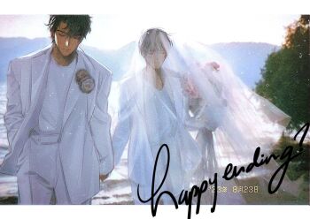 2boys backlighting black_hair bouquet bridal_veil cursive day english_text flower hand_in_pocket head_tilt highres holding holding_bouquet holding_hands kim_dokja letterboxed male_focus mountainous_horizon multiple_boys omniscient_reader&#039;s_viewpoint outdoors photo_background rose_pin short_hair toupou39 veil walking_towards_viewer yaoi yoo_joonghyuk