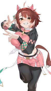 Rule 34 | 1girl, ahoge, animal ears, arril100, black leggings, black shrug, blush, bow, breasts, brown eyes, brown hair, checkered ribbon, commentary request, dantsu flame (center spotlight) (umamusume), dantsu flame (umamusume), double v, ear covers, ear ribbon, grin, hair between eyes, highres, horse ears, horse girl, horse tail, large breasts, leggings, leggings under shorts, looking at viewer, midriff, multicolored hair, navel, open mouth, pink shorts, shirt, shorts, shrug (clothing), simple background, smile, solo, tail, teeth, tied shirt, umamusume, v, white background, white hair