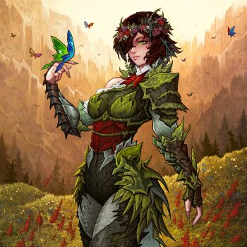 1girl absurdres armor blue_flower breastplate breasts brown_hair bug butterfly butterfly_on_hand commentary commission cowboy_shot day english_commentary fingernails flower flower_wreath forest grass green_eyes green_nails hair_over_one_eye head_wreath highres hip_armor insect lips looking_at_creature medium_breasts nail_polish nature original outdoors parted_lips pink_flower red_flower short_hair shoulder_armor single_bare_shoulder single_off_shoulder solo soulless_sketch standing white_flower yellow_flower