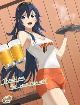 1girl :d alcohol bare_shoulders beer beer_mug blue_eyes blue_hair brand_of_the_exalt breasts commentary commission cowboy_shot crop_top cup dolphin_shorts english_commentary fire_emblem fire_emblem_awakening foam food holding holding_cup holding_plate hooters hootie_the_owl_(hooters) indoors long_hair lucina_(fire_emblem) midriff mug navel nintendo open_mouth orange_shorts plate rourou_ill shirt short_shorts shorts sidelocks skeb_commission sleeveless sleeveless_shirt smile solo symbol_in_eye table tank_top tiara waitress white_tank_top window