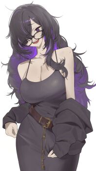 1girl bare_shoulders belt black-framed_eyewear black_cardigan black_dress black_hair breasts brown_belt cardigan cardigan_partially_removed cleavage collarbone colored_inner_hair commentary_request dress glasses goddess_of_victory:_nikke hair_over_one_eye highres label_(nikke) large_breasts long_hair looking_at_viewer mole mole_on_breast multicolored_hair open_mouth pokoporoko purple_eyes purple_hair purple_streaks simple_background smile solo sweat teeth two-tone_hair upper_teeth_only very_long_hair white_background
