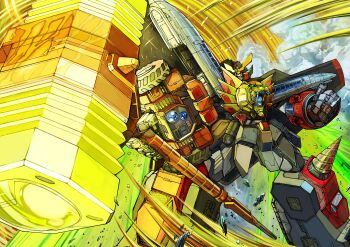 clenched_hand commentary drill floating_rock foreshortening gaogaigar goldion_hammer hammer holding holding_hammer holding_weapon legs_apart mecha no_humans orange_eyes robot science_fiction smoke solo standing super_robot turning_head v-fin weapon yamanushi yuusha_ou_gaogaigar yuusha_series