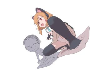 1boy 1girl absurdres animal_ear_headphones animal_ears black_thighhighs blue_archive blue_necktie bow cat_ear_headphones cat_ears controller doodle_sensei_(blue_archive) fake_animal_ears game_controller headphones highres holding holding_controller holding_game_controller loli momoi_(blue_archive) necktie open_mouth orange_hair panties pink_eyes sensei_(blue_archive) shirt short_hair simple_background spread_legs squatting tamura-chan thighhighs underwear upskirt white_background white_panties white_shirt