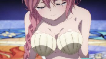 1girl animated animated_gif assassins_pride bikini bouncing_breasts braid breasts closed_eyes female_focus large_breasts long_hair pink_hair sarasha_sikzar shell shell_bikini single_braid solo tears
