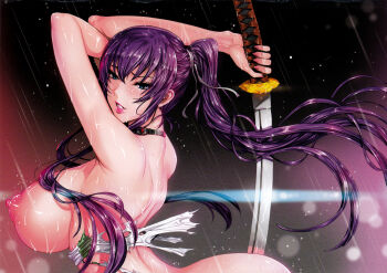 1girl arms_up ass back bare_shoulders blue_eyes blush bottomless breasts busujima_saeko choker fei_(maidoll) female_focus floating_hair gradient_background hair_ribbon high_ponytail highres highschool_of_the_dead holding holding_sword holding_weapon huge_breasts katana lips lipstick long_hair looking_at_viewer makeup nipples no_bra parted_lips pink_lips ponytail puffy_nipples purple_hair rain ribbon scan sideboob sidelocks simple_background solo standing sword textless_version torn_clothes weapon wet