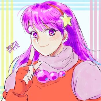1girl asamiya_athena dress female_focus gloves hairband long_hair misodiru pale_skin purple_eyes purple_hair smile star_(symbol) the_king_of_fighters