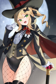 1girl arm_up black_cloak black_hat black_jacket black_leotard black_ribbon black_thighhighs blonde_hair boots bow bowtie brown_vest cane cloak commentary_request commission fang fishnet_pantyhose fishnets flower full_moon gem gloves green_eyes hair_bow hat highleg highleg_leotard highres jacket leotard leotard_under_clothes long_hair meyamu moon multicolored_cloak night open_mouth original outdoors pantyhose phantom_thief phantom_thief_(kkmomo67) red_bow red_bowtie red_cloak ribbon rose shirt side_ponytail skeb_commission smile solo thigh_boots thigh_gap thighhighs thighs top_hat two-sided_cloak two-sided_fabric two-tone_cloak vest white_gloves white_shirt wind wind_lift