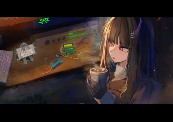 2girls absurdres aris_(blue_archive) black_gloves black_hair black_jacket blue_archive blue_hair blunt_bangs closed_eyes coffee coffee_mug cup gloves highres holding holding_cup jacket long_hair minibeat mug multiple_girls open_mouth red_eyes rio_(blue_archive) sweater turtleneck turtleneck_sweater white_sweater