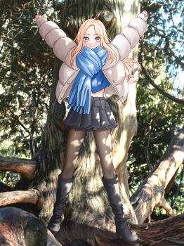 1girl arms_up black_boots black_skirt blonde_hair blue_scarf blue_sweater blush boots commentary_request full_body gakuen_idolmaster grey_pantyhose highres idolmaster jacket juo_sena knee_boots long_hair long_sleeves looking_at_viewer midriff_peek miniskirt outdoors outstretched_arms padded_jacket pantyhose photo_background pleated_skirt scarf skirt smile solo sulgi_park sweater white_jacket