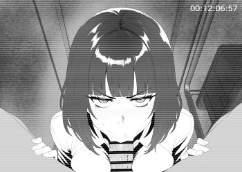 1girl absurdres arothir_illust1 bar_censor blunt_bangs blush censored commentary_request fellatio glaring greyscale hetero highres indoors looking_at_viewer medium_hair monochrome oral original penis pov recording saliva scowl solo_focus timestamp v-shaped_eyebrows veins veiny_penis