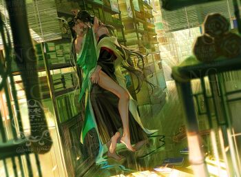 2boys anal artist_name baku_ten221 bare_legs bare_shoulders barefoot black_hair black_hanfu blurry blurry_foreground blush book book_stack bookshelf chinese_clothes closed_eyes coat couple depth_of_field facial_mark forehead_mark french_kiss full_body green_eyes green_hanfu green_ribbon hanfu highres hug implied_sex indoors kiss light_rays long_hair long_sleeves looking_at_another luo_binghe male_focus multiple_boys off_shoulder open_clothes open_robe profile renzha_fanpai_zijiu_xitong ribbon robe saliva scroll sex shade shen_qingqiu standing standing_sex sweat table tongue tongue_out topknot twitter_username untied_ribbon very_long_hair watermark watermark_grid wavy_hair white_coat wide_sleeves window window_blinds wooden_floor xiao_guan_(headdress) yaoi zuiyin