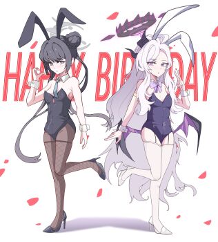 Rule 34 | 2girls, ahoge, animal ears, black hair, black halo, blue archive, breasts, commentary request, demon girl, demon horns, demon wings, double bun, full body, grey halo, hair bun, halo, happy birthday, highres, hina (blue archive), horns, kisaki (blue archive), long hair, looking at viewer, low wings, multiple girls, playboy bunny, purple eyes, rabbit ears, small breasts, standing, twintails, user xkmj5222, v, very long hair, white hair, wings